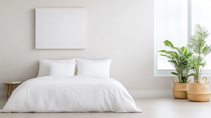 A pristine white duvet covers a large bed, featuring two crisp pillows. A simple, blank canvas hangs above. Two potted palms flank the bed, adding a touch of nature. The image is high-quality with