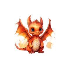 Cute Baby Dragon Clipart PNG – Whimsical Orange Fantasy Creatures with Wings, Watercolor Style, 300 DPI Transparent Background for Kids Decor, Nursery Prints, Sublimation, and Fairy Tale Art