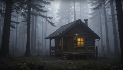 cozy wooden cabin with glowing windows stands amidst misty forest, surrounded by tall trees and serene atmosphere. scene evokes sense of tranquility and mystery