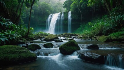 A serene waterfall cascading into a lush, green landscape with a tranquil stream.