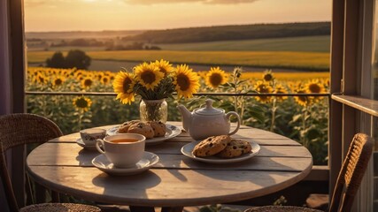 Fototapeta premium A cozy breakfast scene with cookies and tea, overlooking a sunflower field at sunset.