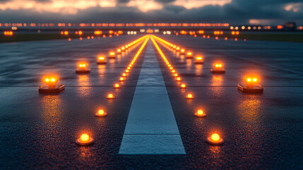 Runway lights and airport ground markings with visible taxi lines and beacons intended for visual representation of aviation infrastructure and takeoff, highlighted on a white background.