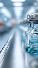 Close-up of glass vials in a sterile laboratory setting