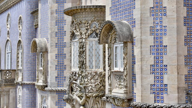 Blue-Violet Mosaic Tile Exterior, Palace of Pena, Sintra, Medium Right Side Detail