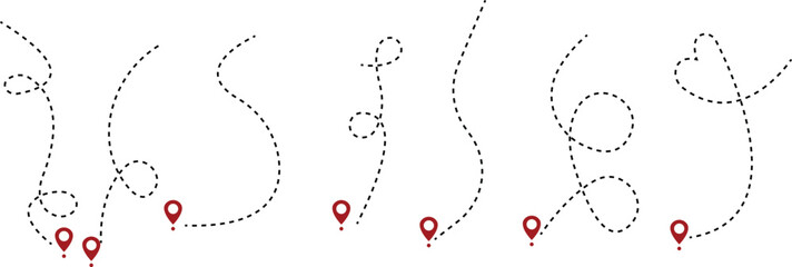 Location routes icon set. Route vector between two points with dotted path and location pin. Location pointer continuous one line drawing. GPS navigation line route mark isolated on transparent back.