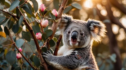 Fototapeta premium A koala perched on a branch surrounded by leaves and flowers in a natural setting.