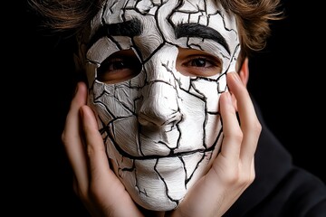 Mask of Privilege Concept: Cracked Enthusiastic Learner Mask Revealing Anxiety in Mixed Media Portrait