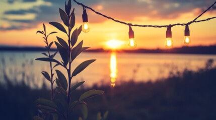 Sunset lake lights string nature.