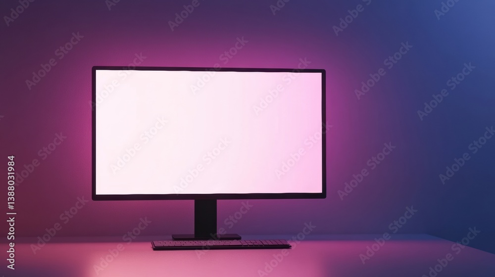 Poster sleek desktop monitor displaying a bright white screen in a minimalistic workspace with soft shadows
