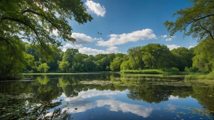A serene lake surrounded by lush greenery and blue skies, reflecting nature's beauty.