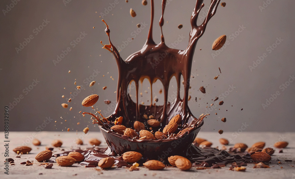 Poster chocolate fountain with almonds and chocolate drizzling out of it. the chocolate is splashing out of