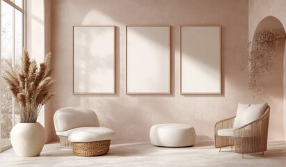 Minimalist interior design with three blank frames, beige walls, wicker chair, and pampas grass.