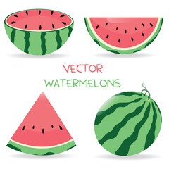 Set of vector watermelons on white background, vector illustration. Fruit vector set. Flat style. Summer.