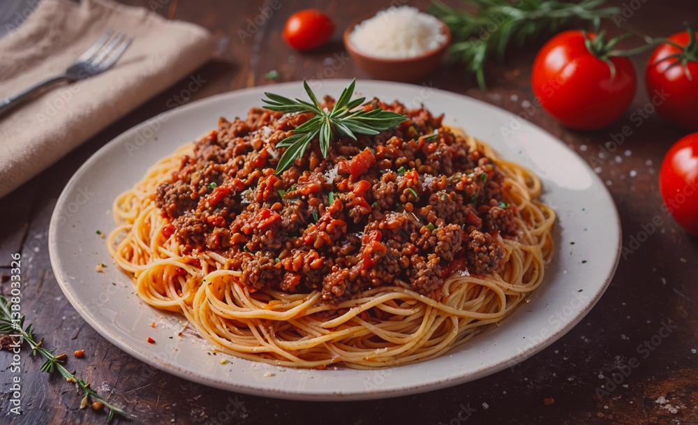 Aufkleber Plate of spaghetti with meat sauce and basil. There are also tomatoes on the table. A fork is visible on the left side of the plate