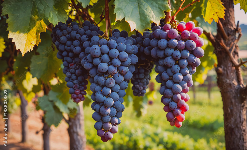Poster bunch of grapes hanging from a tree. the grapes are purple and green. there are at least 12 grapes v