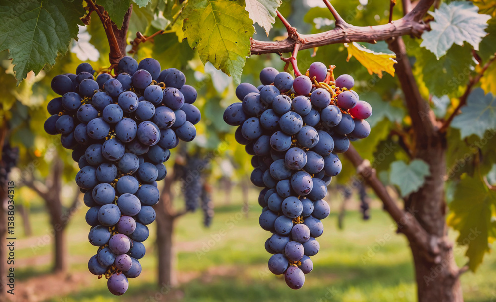 Poster Two clusters of grapes are hanging from a vine, with each cluster containing numerous grapes. The grapes are a deep purple color and are ripe for picking. The vine is lush and green, providing a