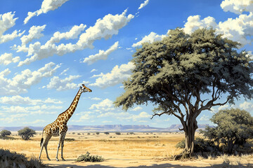 Fototapeta premium A giraffe stretching its neck to nibble leaves from a tall acacia tree under the midday sun, with scattered clouds and a dusty African savanna in the background