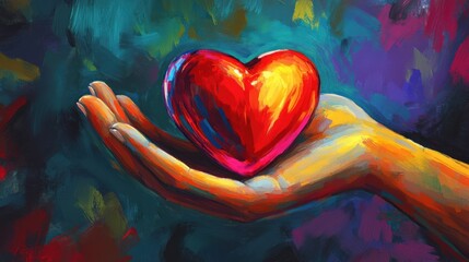 A painted hand gently cradles a vibrant, red heart against a colorful backdrop.