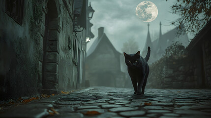 Black cat on a cobblestone street under a full moon, creating a spooky ambiance in an old village. Shadows play on the ancient buildings, enhancing the mysterious atmosphere.
