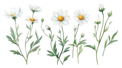 Fototapeta premium Collection of watercolor white daisies in various stages of bloom, isolated on white background.