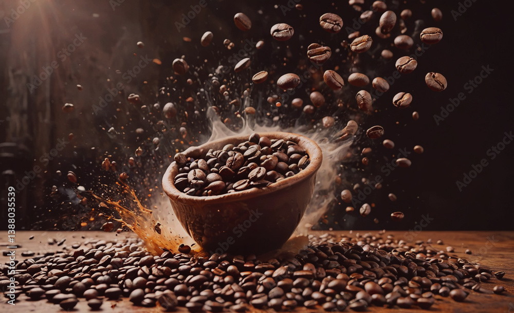 Poster bowl of coffee beans is on a table. the beans are scattered all over the table. the bowl is half emp