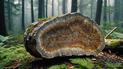 Obraz premium A cross-section of a tree trunk showcasing intricate patterns in a misty forest setting.