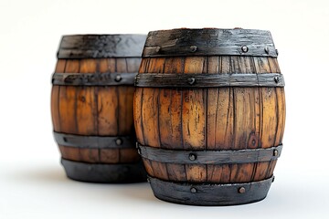 Fototapeta premium Old brown wooden barrel isolated on white, a vintage oak cask for wine or beer storage