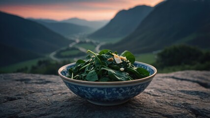 A bowl of fresh greens set against a scenic mountain landscape at sunset.