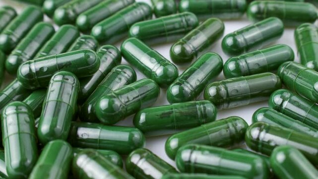 Chlorella or spirulina algae green powder capsules falling down close up. Dietary supplement to improve health. Seaweed superfood. Healthy food background. Vitamins and minerals to diet detox