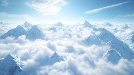 Serene Blue Sky Over Majestic White Clouds and Snow-Capped Mountains