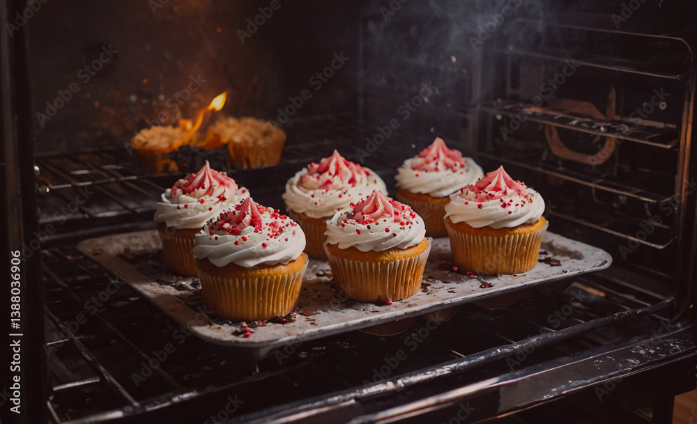Poster tray of cupcakes is in an oven. the cupcakes are white and have red frosting
