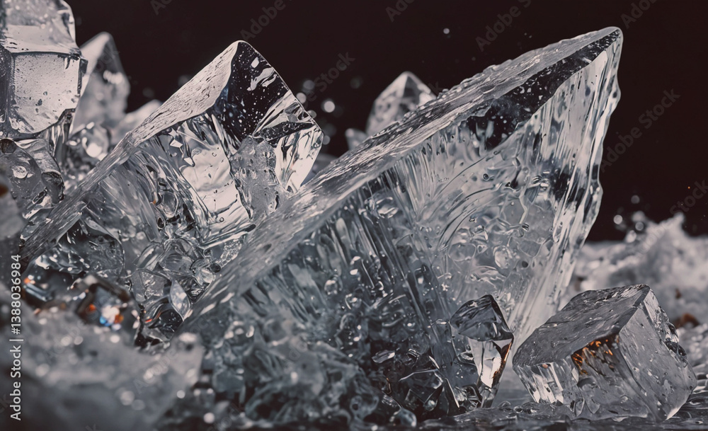 Poster large piece of ice with a lot of water droplets on it. the ice is in the shape of a pyramid