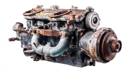 Fototapeta premium Old car engine isolated on white background. Rusty automotive engine.