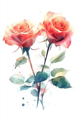 Obraz premium Two beautiful watercolor painted roses with green leaves on stems