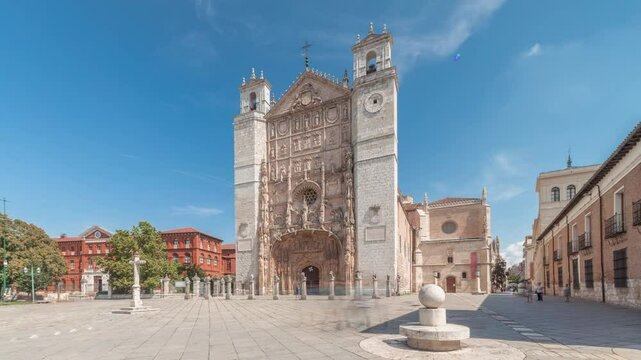 Panorama showing historic San Pablo Church in Valladolid timelapse, showcasing its intricate facade, rose window, entrance portal and twin towers. A former Dominican convent in Castilla y Leon, Spain.