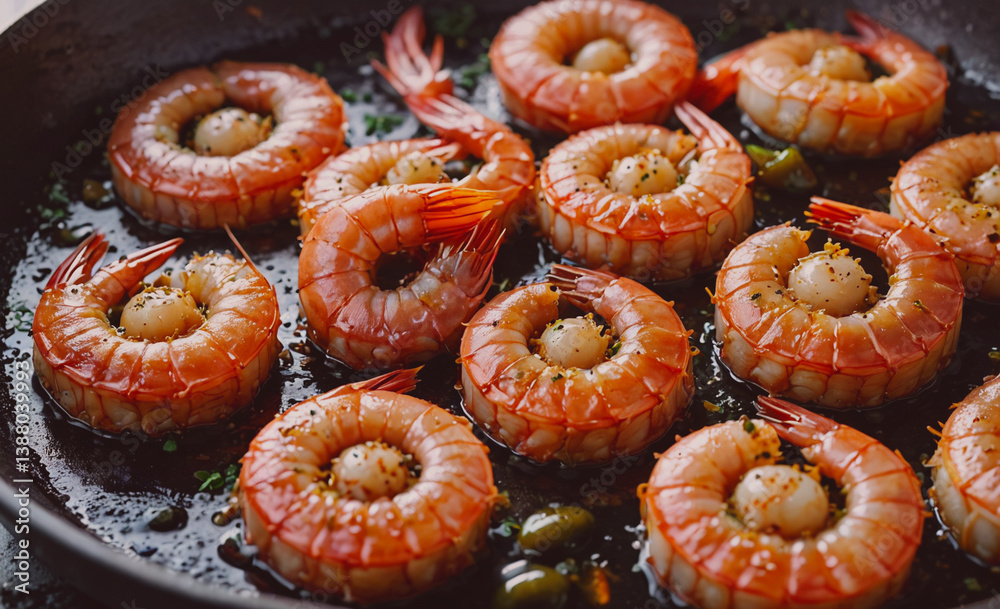 Poster plate of shrimp with a black sauce. the shrimp are in a circular shape. there are 12 shrimp in total