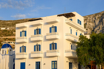 Obraz premium A whitewashed Cycladic style hotel on Amorgos Island. Greece
