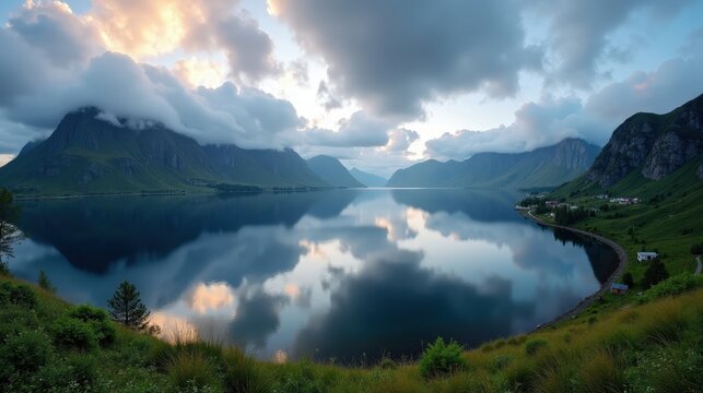 Detailed photo of Lake Oldevatnet in Norway during dawn with cloudy skies, captured from a panoramic viewpoint.