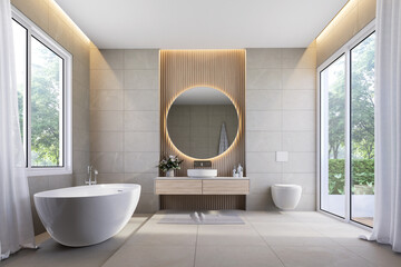 Modern contemporary bathroom with terrace and nature view 3d render, There are marble tile floor and wall large window overlooking garden view