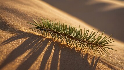 A pine branch rests on sand, casting elongated shadows in warm light.
