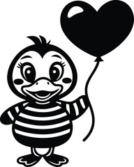 Cute cartoon character duck holding a heart line art vector, Cute cartoon character duck holding a heart silhouette vector illustration