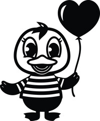 Cute cartoon character duck holding a heart line art vector, Cute cartoon character duck holding a heart silhouette vector illustration