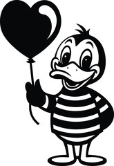 Cute cartoon character duck holding a heart line art vector, Cute cartoon character duck holding a heart silhouette vector illustration