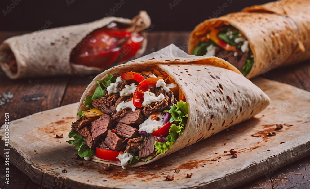 Poster burrito with meat and lettuce is on a wooden table. there is a bottle of ketchup next to it