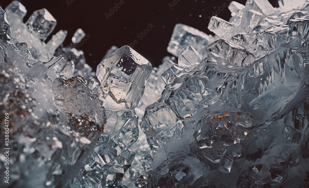 Poster Large block of ice with many small ice cubes. The ice is in a pile and is surrounded by a dark background