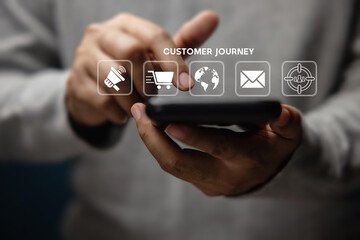 Customer journey concept. Person using smartphone with customer journey icon on virtual screen. Journey evaluation, Boost satisfaction, encourage repeat business and drive revenue growth.