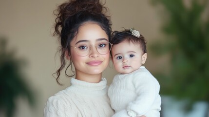 Mother and baby girl, close-up portrait.  A young woman holds her infant daughter, both with warm smiles and gentle expressions.  Blond hair updo and glasses on the mother,