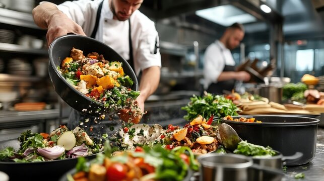 In a vibrant kitchen, chefs energetically prepare fresh vegetables and ingredients, capturing the essence of culinary mastery and the joy of creating delicious dishes with passion.