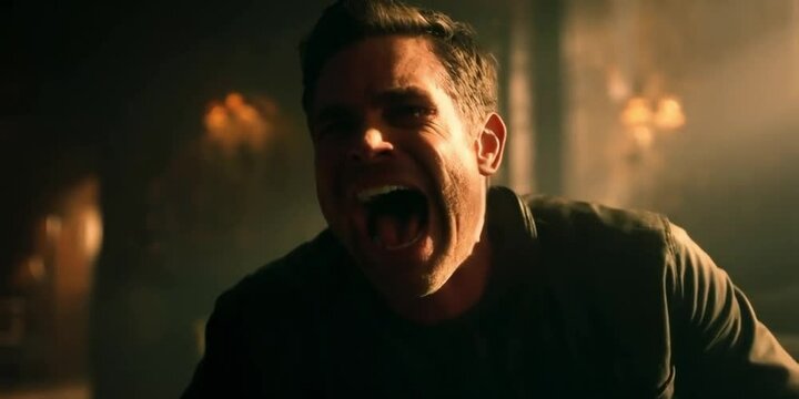 Man screaming anguish close-up intense emotion dramatic lighting facial distress pain raw expression psychological turmoil dark contrast Short brown hair, mouth wide open, eyes wide looking upward.  
