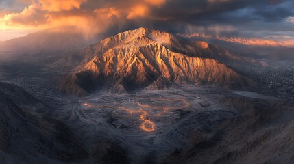 Sunset Mountain Valley Aerial View.
